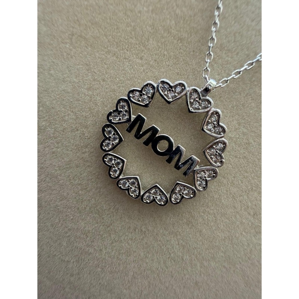 Sterling Silver MOM Heart Circle Pendant Necklace Cubic Zirconia Mother Gift